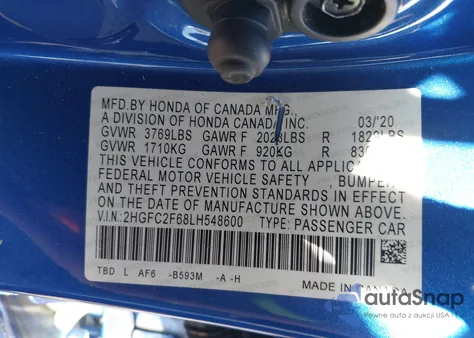 2020 Honda Civic Lx из США, поврежденный, VIN 2HGFC2F68LH548600